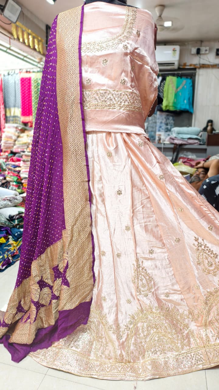 Pure Mashru Gaji Silk Ghagra & Blouse with Hand Bandhej Upada Dupatta
